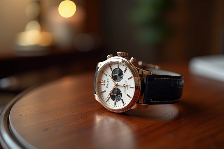 Montre de luxe sur bureau en bois poli avec détails