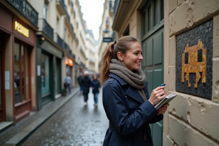 Femme examinant une mosaïque space invader à Paris