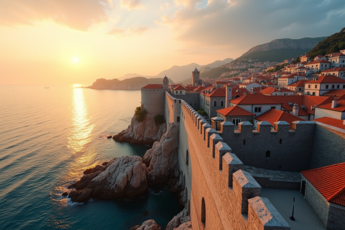 Murs anciens de Dubrovnik au lever du soleil avec vue panoramique