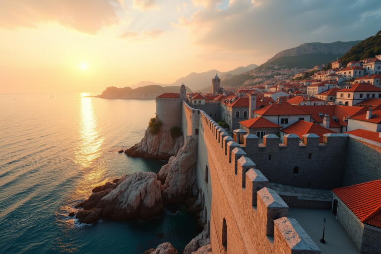 Murs anciens de Dubrovnik au lever du soleil avec vue panoramique
