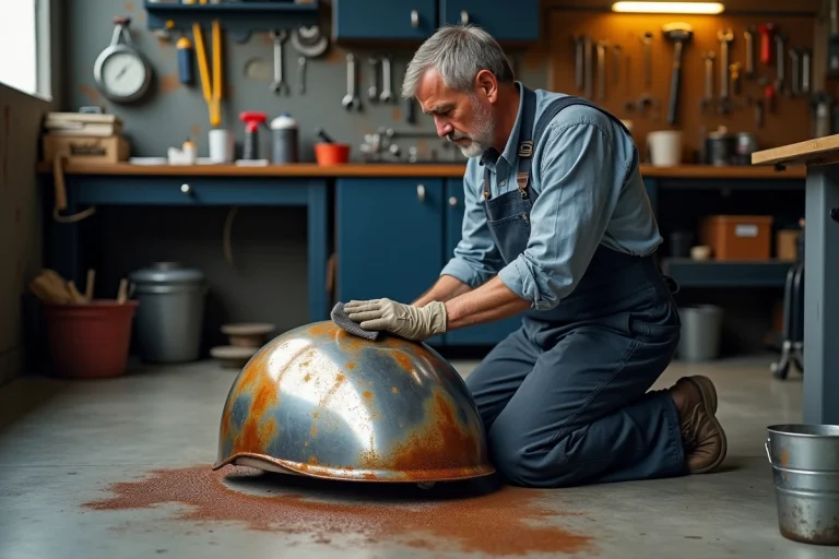 Homme en tablier de travail qui nettoie la rouille sur un garde-boue en chrome de moto dans un garage avec de la laine d'acier