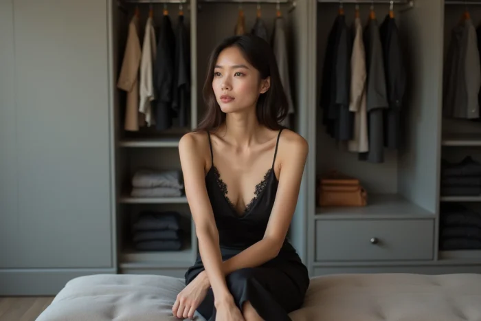 Femme assise en nuisette noire satinée avec dentelle dans un dressing minimaliste élégant