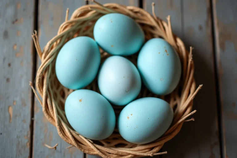 Panier en paille rustique contenant des œufs bleus d'Araucana et d'Ameraucana posé sur une table en bois vieilli, vue du dessus