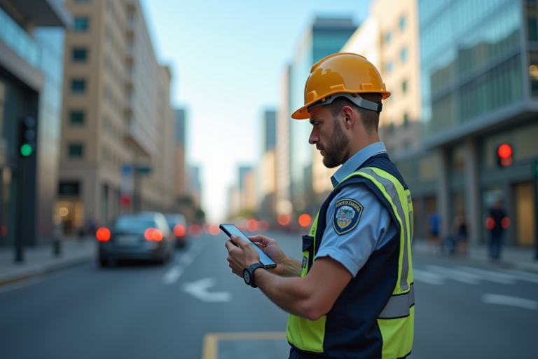 Ouvrier municipal utilisant une application mobile en extérieur