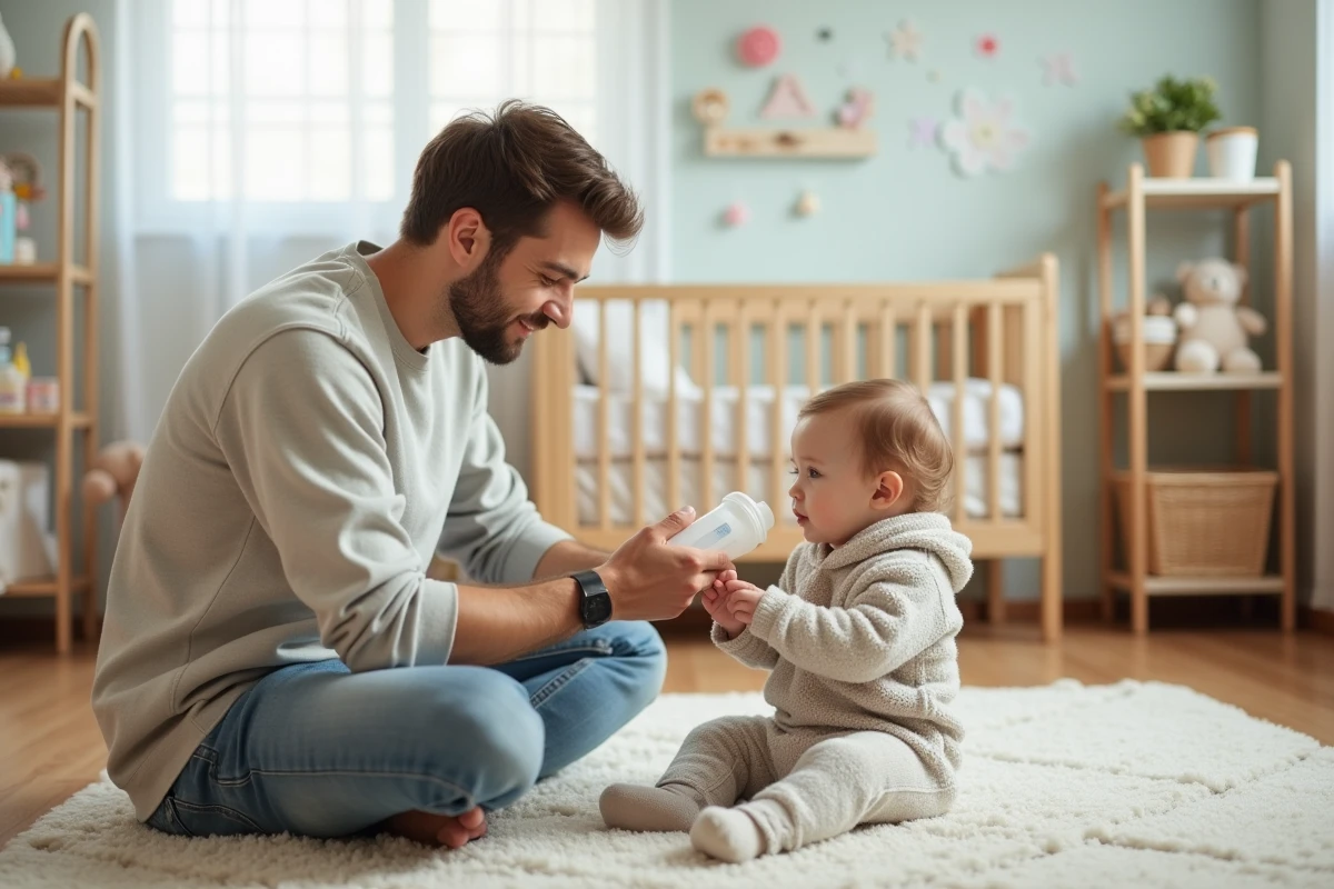 Père préparant le biberon pour sa fille dans la nurserie