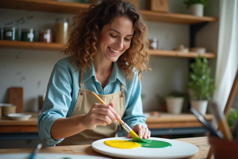 Femme artiste mélangeant couleurs sur palette dans son atelier