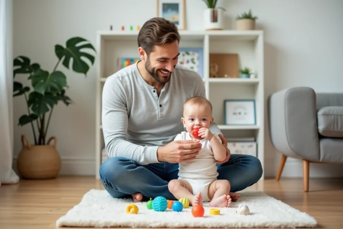 Père souriant jouant avec son bébé de six mois assis sur un tapis d'éveil dans un salon moderne