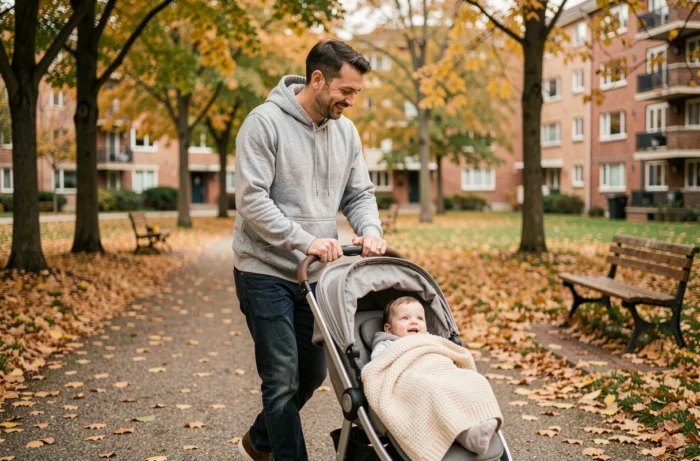 Père promenant son bébé en poussette dans un parc urbain en automne, conseils parentalité moderne et vie de famille