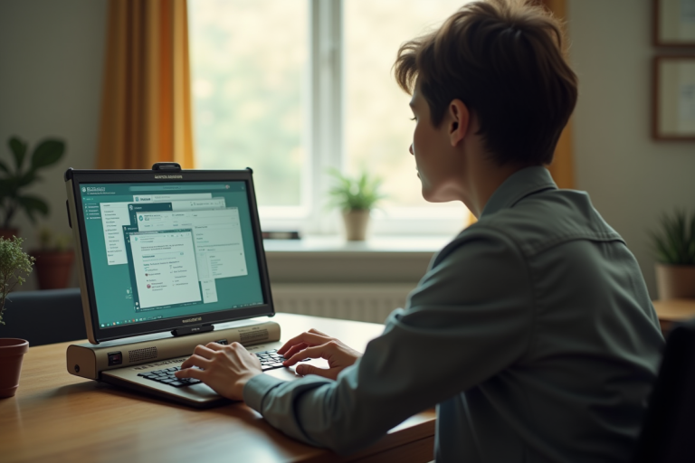 Personne travaillant sur un vieux portable vintage à un bureau lumineux