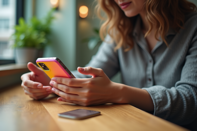 Personne personnalisant son smartphone dans un café lumineux