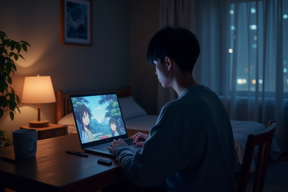 Personne seule regardant anime dans une chambre cosy la nuit