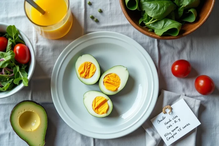 Petit-déjeuner santé avec un œuf bleu dur coupé en deux révélant un jaune vif, accompagné d'avocat, de tomates cerises et de verdure sur nappe en lin gris