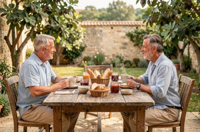 Petit-déjeuner convivial sur la terrasse en pierre d'une maison d'hôtes de charme entourée d'un jardin verdoyant à Mornac-sur-Seudre