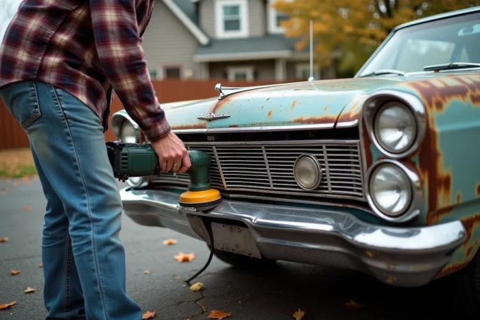 Homme utilisant une polisseuse électrique pour enlever la rouille d'un pare-chocs en chrome d'une voiture ancienne dans une allée