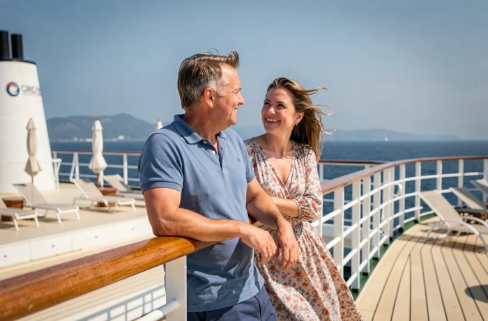 Couple de passagers profitant de la vue sur le pont extérieur du Costa Deliziosa en croisière