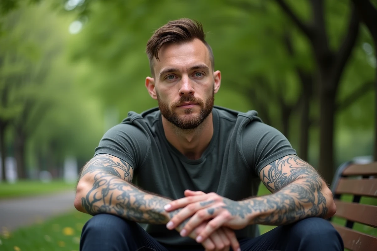 Portrait d un homme tatoué assis sur un banc dans un parc