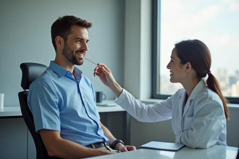Homme en consultation avec un test salivaire médical