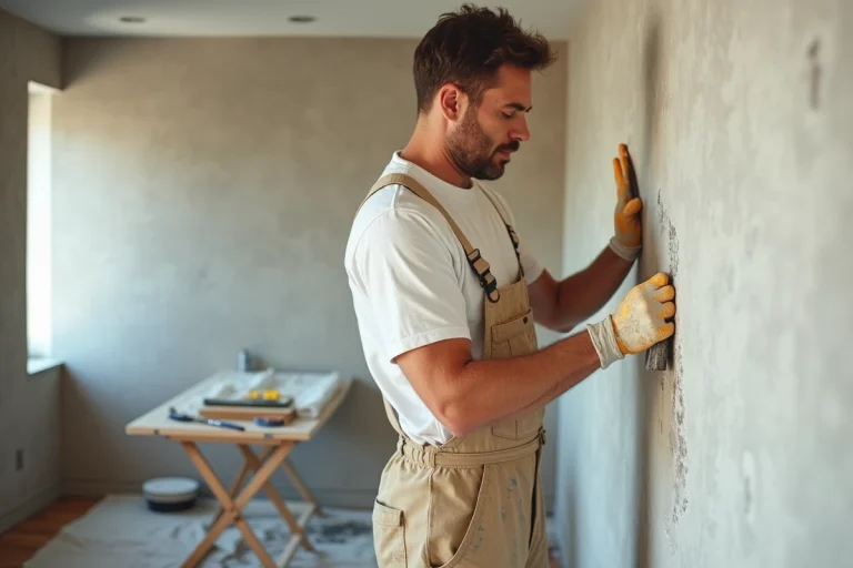Poseur de papier peint intissé constatant une bulle d'air lors de la pose sur un mur en plâtre