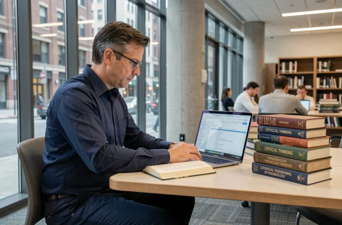 Professionnel du scepticisme consultant des ressources scientifiques et bases de données dans une bibliothèque moderne