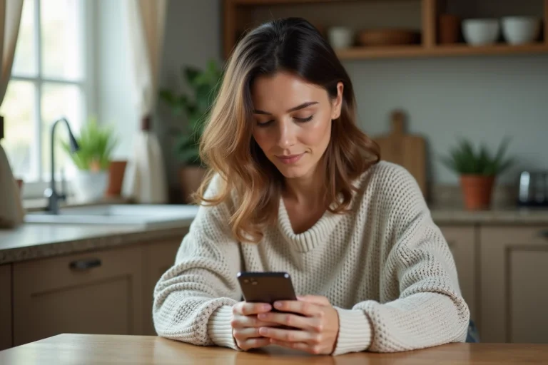 Femme cherchant un professionnel de santé sur son smartphone depuis sa cuisine