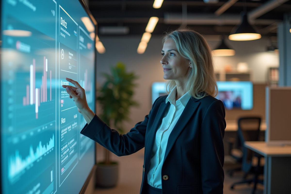 Manager RH interactif avec tableau digital en bureau moderne