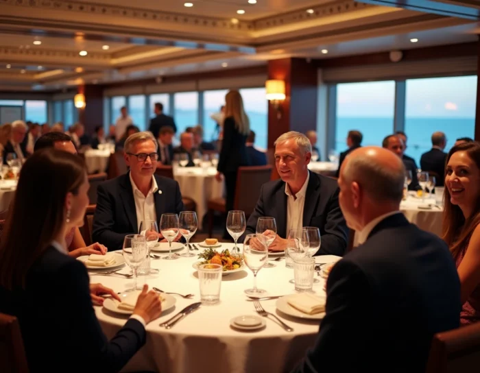 Salle de restaurant principale élégante du Costa Deliziosa avec passagers en dîner de gala en mer
