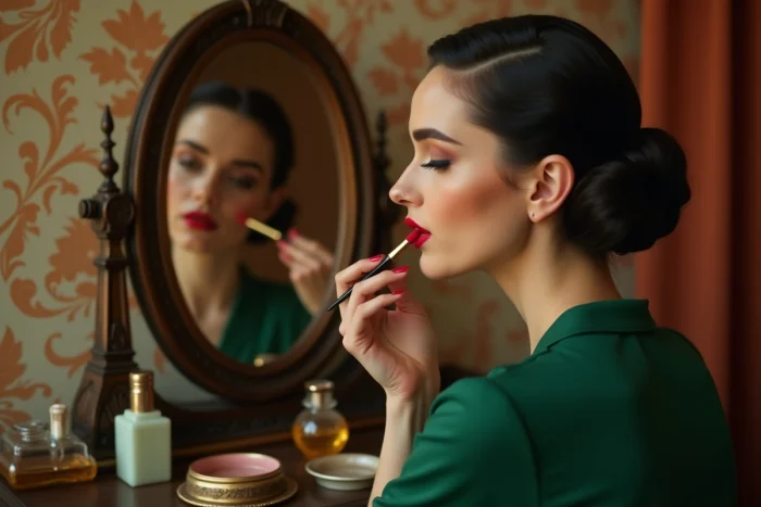 Femme appliquant un rouge à lèvres mat rouge vif devant un miroir vintage, maquillage rétro guinguette