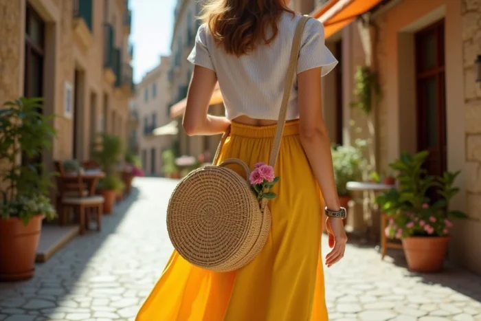 Femme portant un sac bandoulière rond en osier et raphia dans une rue pavée, accessoire guinguette rétro