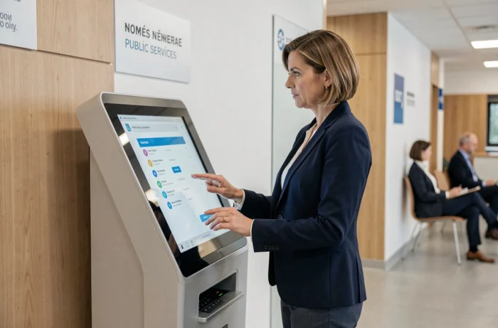 Femme utilisant un kiosque numérique dans un espace de services publics modernes de Yvelines