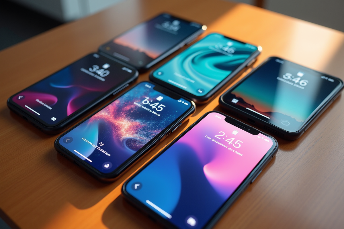 Plusieurs smartphones avec écrans créatifs sur un bureau en bois