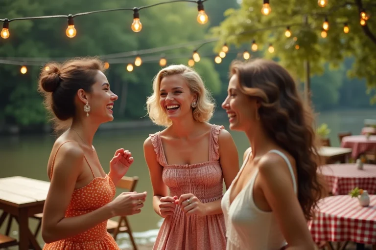 Femmes en tenues rétro colorées dansant lors d'une guinguette estivale au bord de l'eau avec décoration vintage