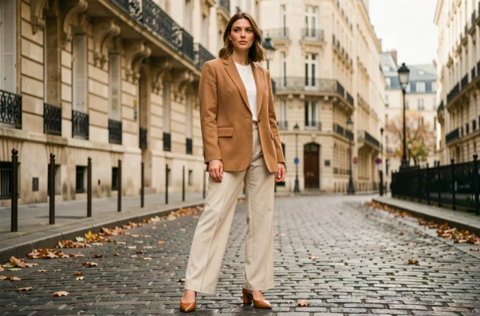 Femme élégante portant un blazer camel oversize et un pantalon large ivoire dans une rue pavée parisienne, style mode tendance automne
