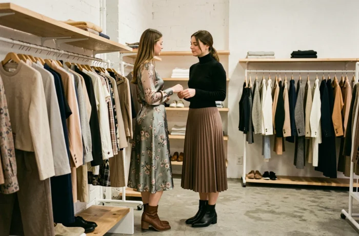 Deux femmes élégantes découvrent des vêtements tendance dans un concept store parisien minimaliste, style mode printemps-été