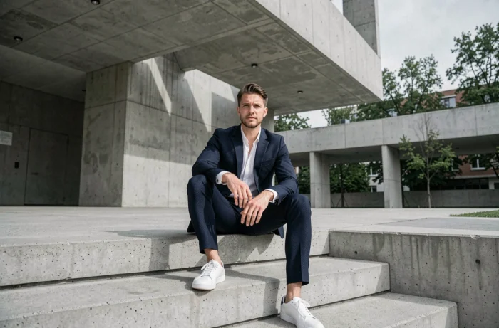 Homme en costume bleu marine slim et sneakers blanches assis sur les marches d'un musée moderniste, tendance mode masculine urbaine