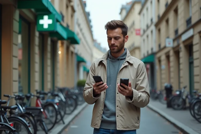 Jeune homme cherchant une pharmacie ou un médecin sur son téléphone dans une rue française