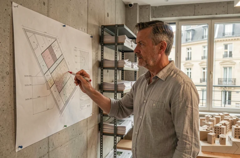 Urbaniste masculin analysant des plans d'aménagement urbain dans un bureau moderne en France