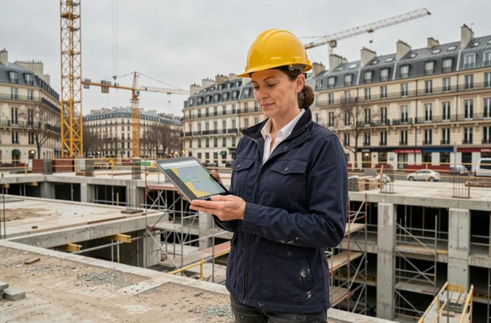 Urbaniste femme sur un chantier de construction urbaine en France avec tablette numérique