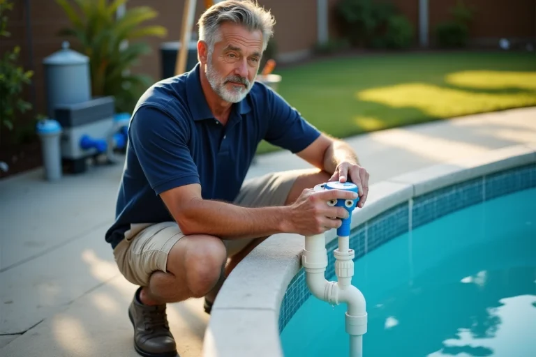Homme fermant une vanne de filtration de piscine avant l'utilisation de la prise balai pour un nettoyage sécurisé