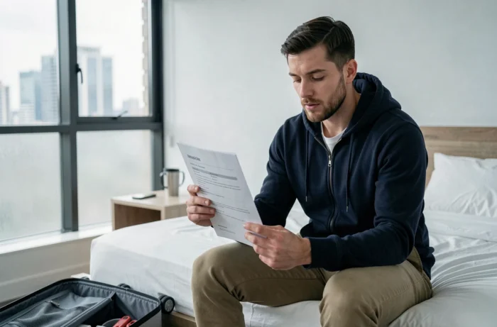 Voyageur Airbnb lisant attentivement les conditions de garantie AirCover dans un studio de location moderne