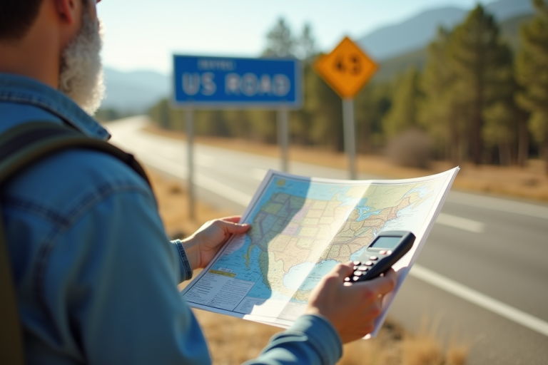 Mains d'un voyageur tenant une carte et une calculatrice numérique près d'un panneau routier américain