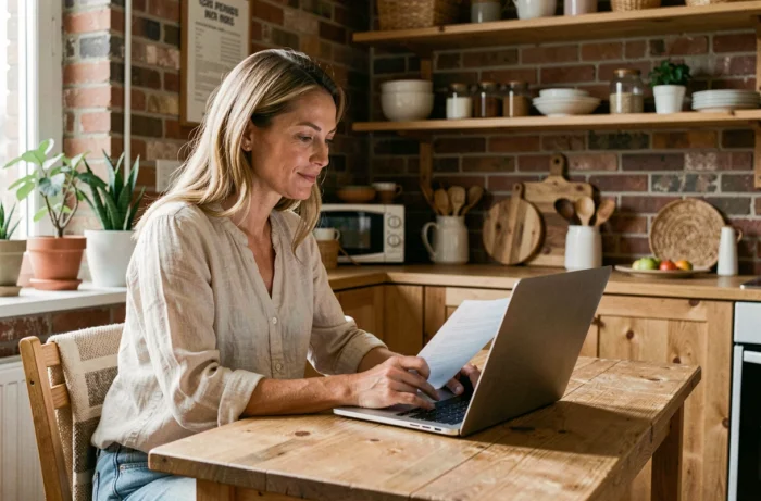 Voyageuse Airbnb consultant les détails de son assurance AirCover sur un ordinateur portable dans un appartement de location