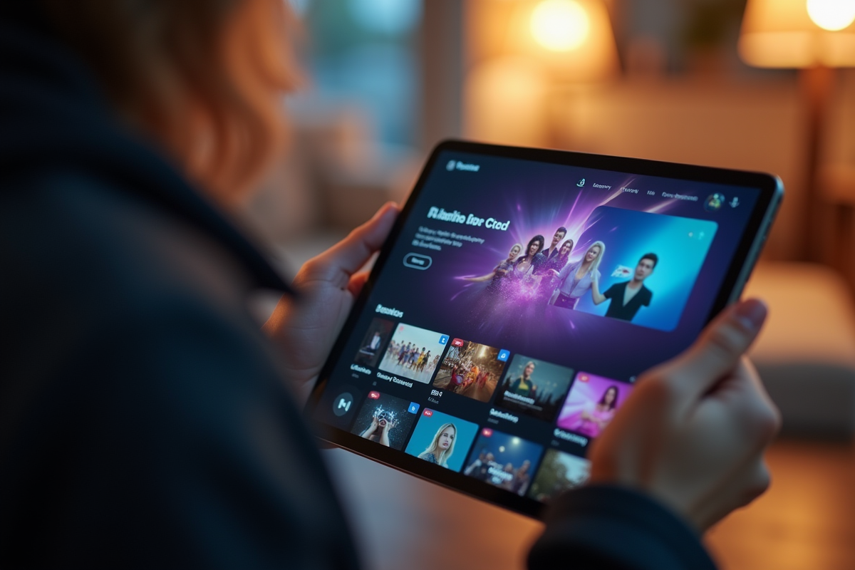 Mains tenant une tablette avec interface de streaming visible