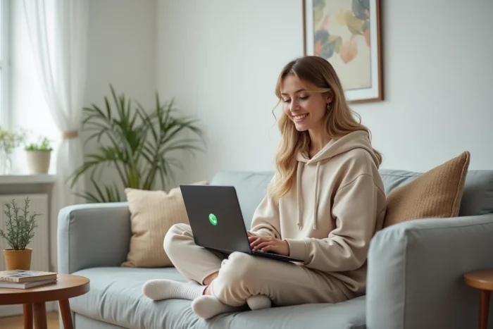 Jeune femme passant un appel via WhatsApp Web sur son navigateur depuis son canapé à la maison